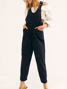 Free People Black Relaxed Cotton Overalls Jumpsuit